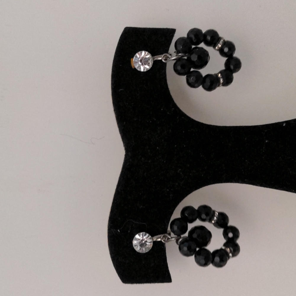 Vintage Screw On Black Beaded Hoop Earrings with Rhinestone and Gold Accents